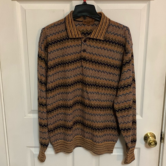 VTG Classic Black Missoni Sport Men’s Zigzag Polo Sweater Academia Luxury XL